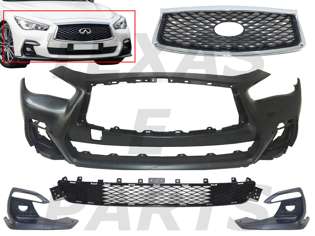 2018 2019 2020 2021 2022 2023 Infiniti Q50 Q50s Sports Front Bumper Cover Grille Fog Cover Without Holes Complete
