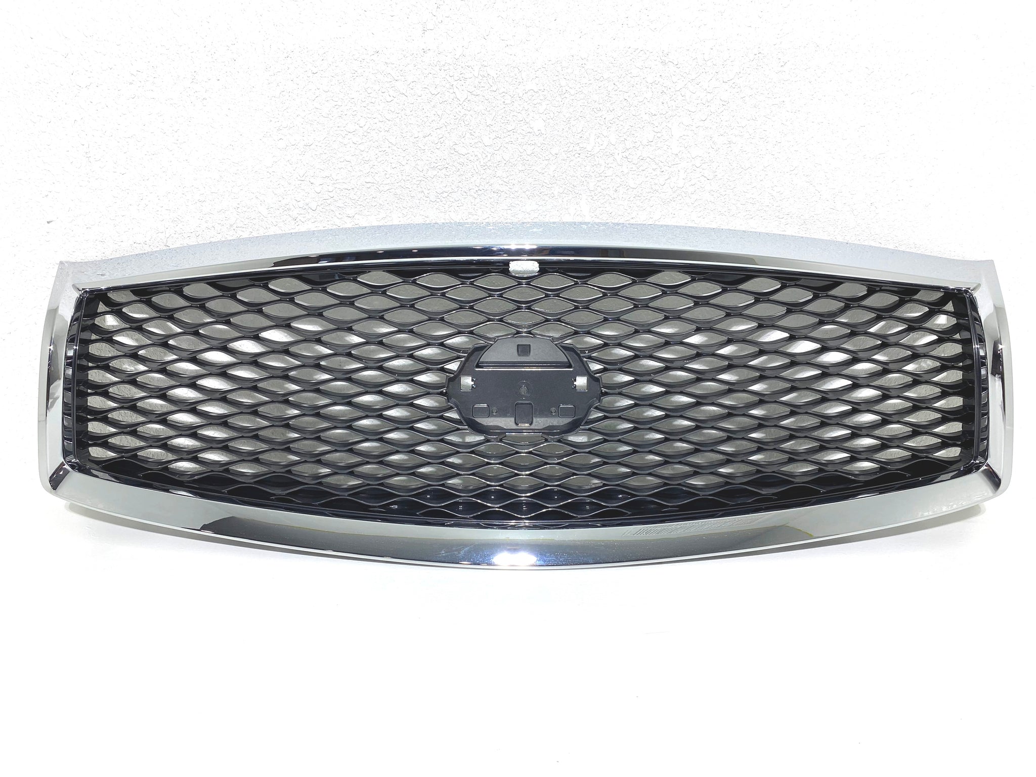 Texas E Parts Front Bumper Upper Grille – For Infiniti Q70 Q70L 2015-2019, Mesh Style, With Camera Option, Black/Chrome, Direct Replacement