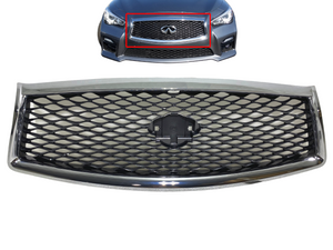 2014 2015 2016 2017 Infiniti Q50 Front Bumper Grille Upper With Camera Option Chrome Mesh