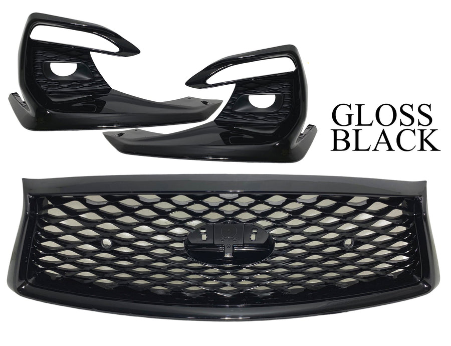2018 2019 2020 2021 2022 2023 2024 Infiniti Q50 Front Bumper Upper Grille With Sensor Holes Camera Option & Fog Light Covers Gloss Black - Texas-e-parts