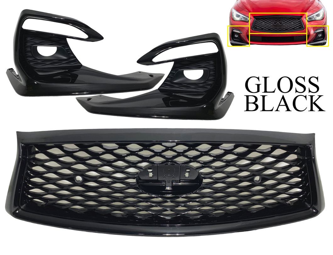 2018 2019 2020 2021 2022 2023 Infiniti Q50 Front Bumper Upper Grille With Sensor Holes Camera Option & Fog Light Covers Gloss Black
