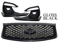 2018 2019 2020 2021 2022 2023 2024 Infiniti Q50 Front Bumper Upper Grille With Sensor Holes Camera Option & Fog Light Covers Gloss Black - Texas-e-parts