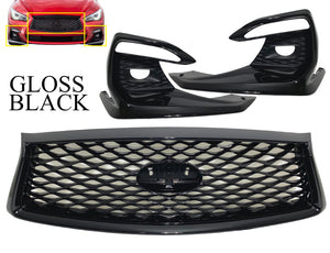 2018 2019 2020 2021 2022 2023 2024 Infiniti Q50 Front Bumper Upper Grille With Fog Light Covers Gloss Black - Texas-e-parts