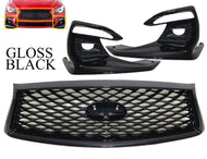 2018 2019 2020 2021 2022 2023 2024 Infiniti Q50 Front Bumper Upper Grille With Fog Light Covers Gloss Black - Texas-e-parts